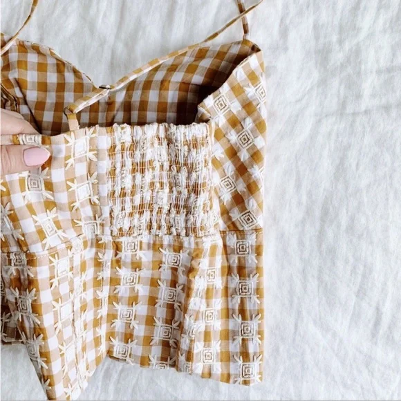 Anthropologie Maeve Gingham Crop Top EUC Embroidered Floral Smocked Tank Corset - Picture 7 of 11